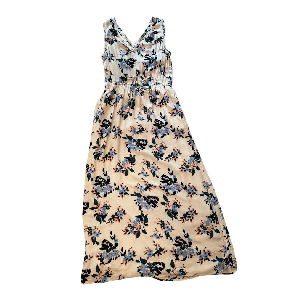 Lucky Brand Cream Floral Maxi Dress | V-Neck | Drawstring Waist | Size L - Picture 2 of 10